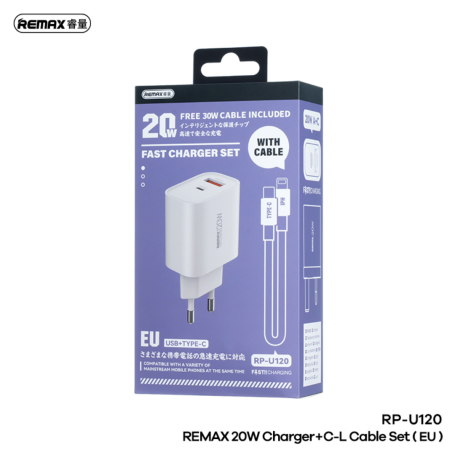 Kit Chargeur 20W USB / Type-C avec Câble Type-C / Lightning REMAX Kiddy Series RP-U120 - EU - Blanc