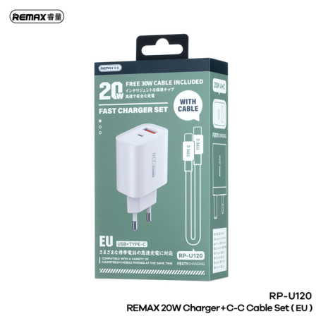 Kit Chargeur 20W USB / Type-C avec Câble Type-C / Type-C REMAX RP-U120 - EU - Blanc