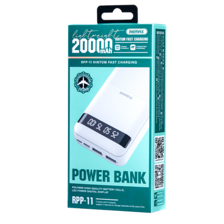 Power bank 20000mAh RPP-11 REMAX Hintom 2.4A Charge rapide et capable de charger 3 appareils en même temps - Blanc