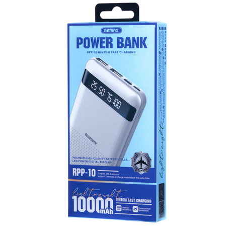 Power bank 10000mAh REMAX Hintom RPP-10 2.4A Charge rapide et capable de charger 3 appareils en même temps - Blanc