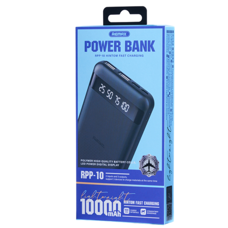 Power bank 10000mAh REMAX Hintom RPP-10 2,4A Charge rapide et capable de charger 3 appareils en même temps - Noir