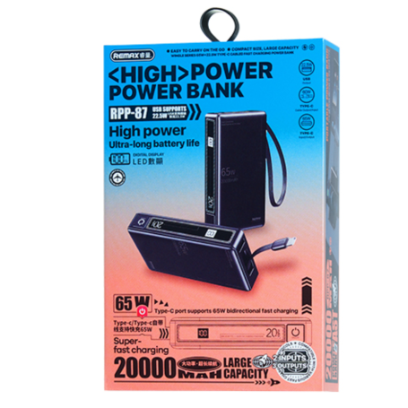 Power bank 20000mAh RPP-87 REMAX Wingle Series 65W+22.5W Charge rapide câblée de type C et poignée portative- Gris