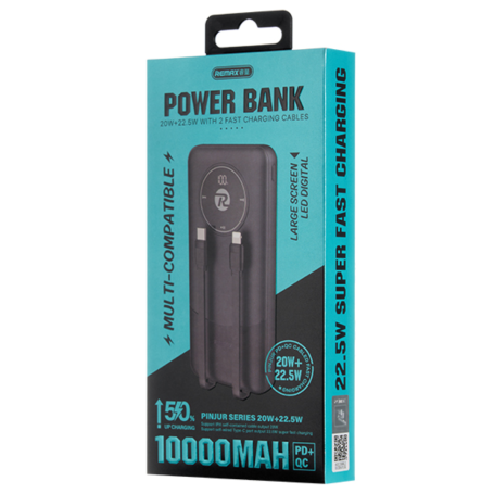 Power bank 10000mAh RPP-37 REMAX 20W+22.5W avec 2 câbles de charge rapide intégrés - Noir