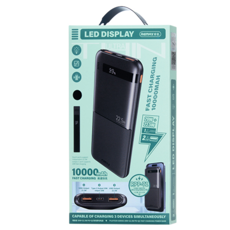 Power bank 10000mAh RPP-71 REMAX Piloteer Series 20W+22.5W Chargement rapide et compatible avec les avions - Noir