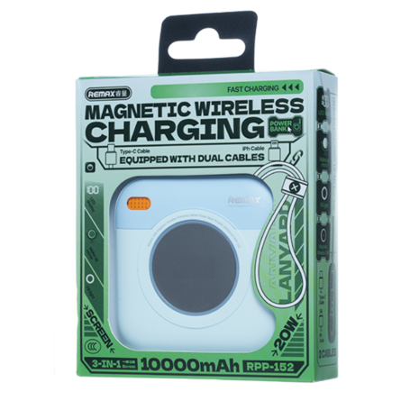 REMAX Magnetic 15W Wireless Charging cabled with large screen digital display Power bank 10000mAh RPP-152 - Blue