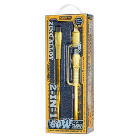 Câble 2-en-1 Type-C / Type-C + Lightning en Alliage Zinc avec Charge Rapide 60W REMAX Prime Series RC-C165 - 1.2M - Or