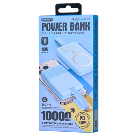 Power Bank PD30W 10000mAh Câble de charge rapide bidirectionnelle amovible et magnétique 15W REMAX MCP-1 - Bleu