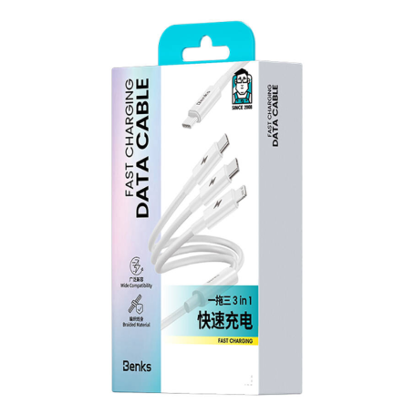 Benks D46 3 in 1 Type-C / Type C + Type C + Lightning Charging Cable - 1.2m - Ultra Fast and Durable - White