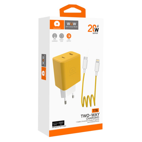 Kit Chargeur Type-C + Câble Lightning / Type-C 20W Jaune - T78 (WUW)