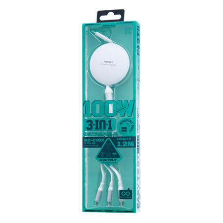 REMAX 3 in 1 Aluminum Alloy telescopic data Cable Type-C/ Type-C/Lightning/ Micro Quick charging 100W RC-C182 - 1.2M - White