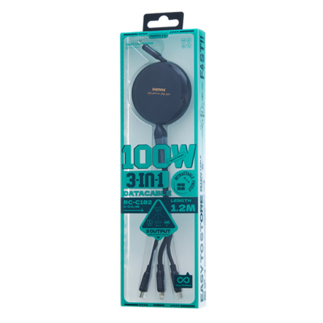 REMAX 3 in 1 Aluminum Alloy telescopic data Cable Type-C/ Type-C/Lightning/ Micro Quick charging 100W RC-C182 - 1.2M - Black