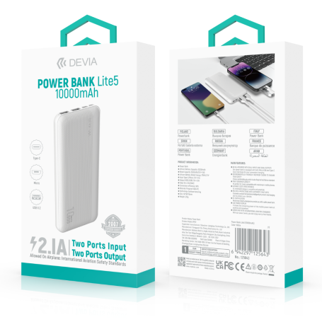 Power Bank V5 10000 mAh - Devia Kintone Series - White